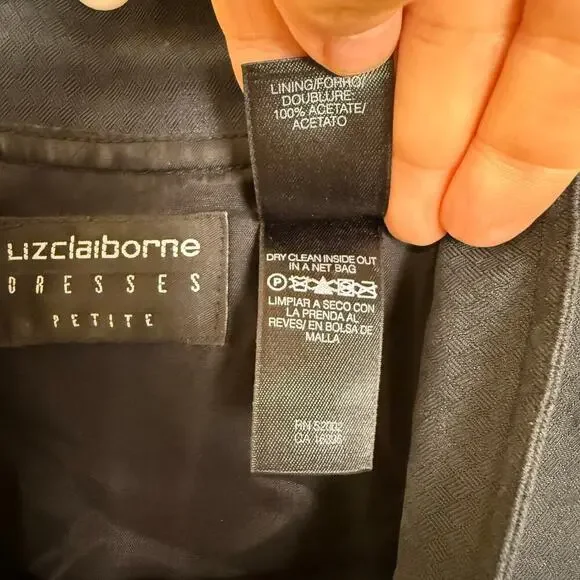 Vintage Liz Claiborne Wrap Dress Mandarin Collar 10 Petite Black Belted GUC - Picture 9 of 10